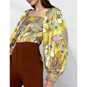 New Sandro Ginger 100% Silk Floral Blouse Chartreuse Medium $340